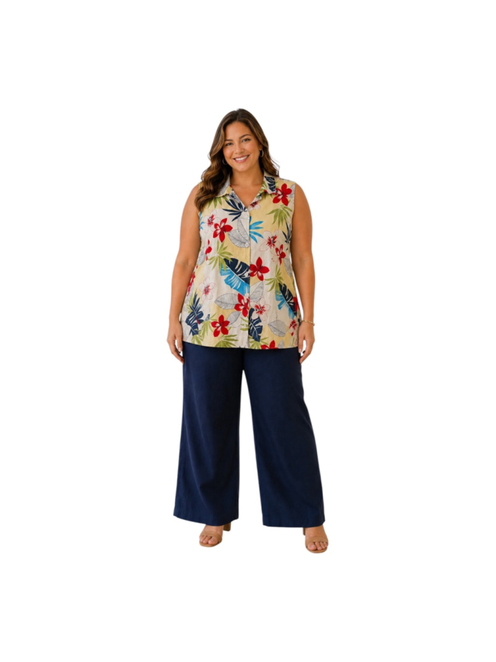 Hot Cotton by Marc Ware 2X Linen Tropical Floral Sleeveless Button Front Top